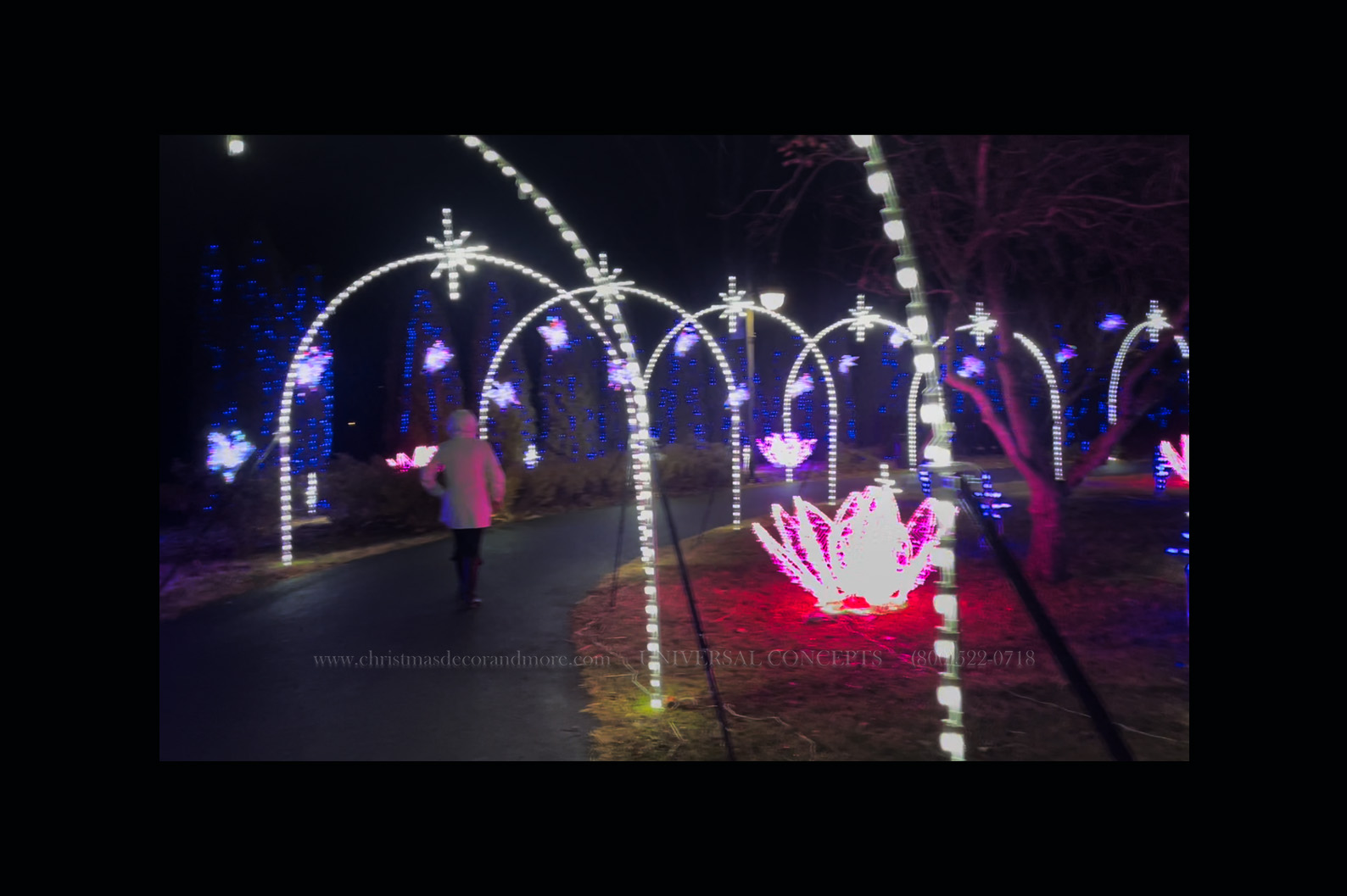 a view of a pathway in a light show featuring LED lotus flowers and RGB butterflies with white lit arches