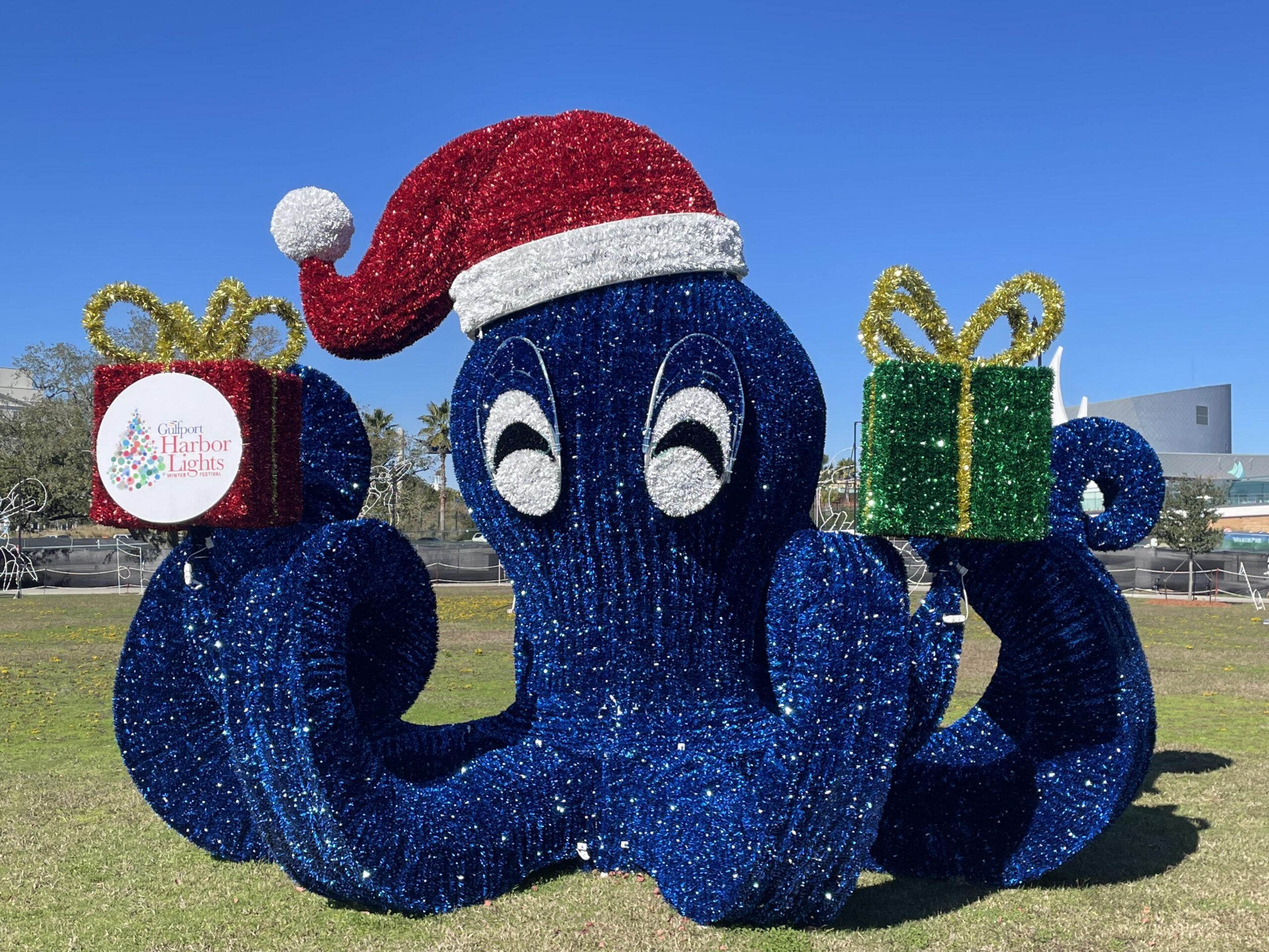 a giant octopus decorated with garland and lights, provided by Universal Concepts for the city of Gulfport at Jones Park.