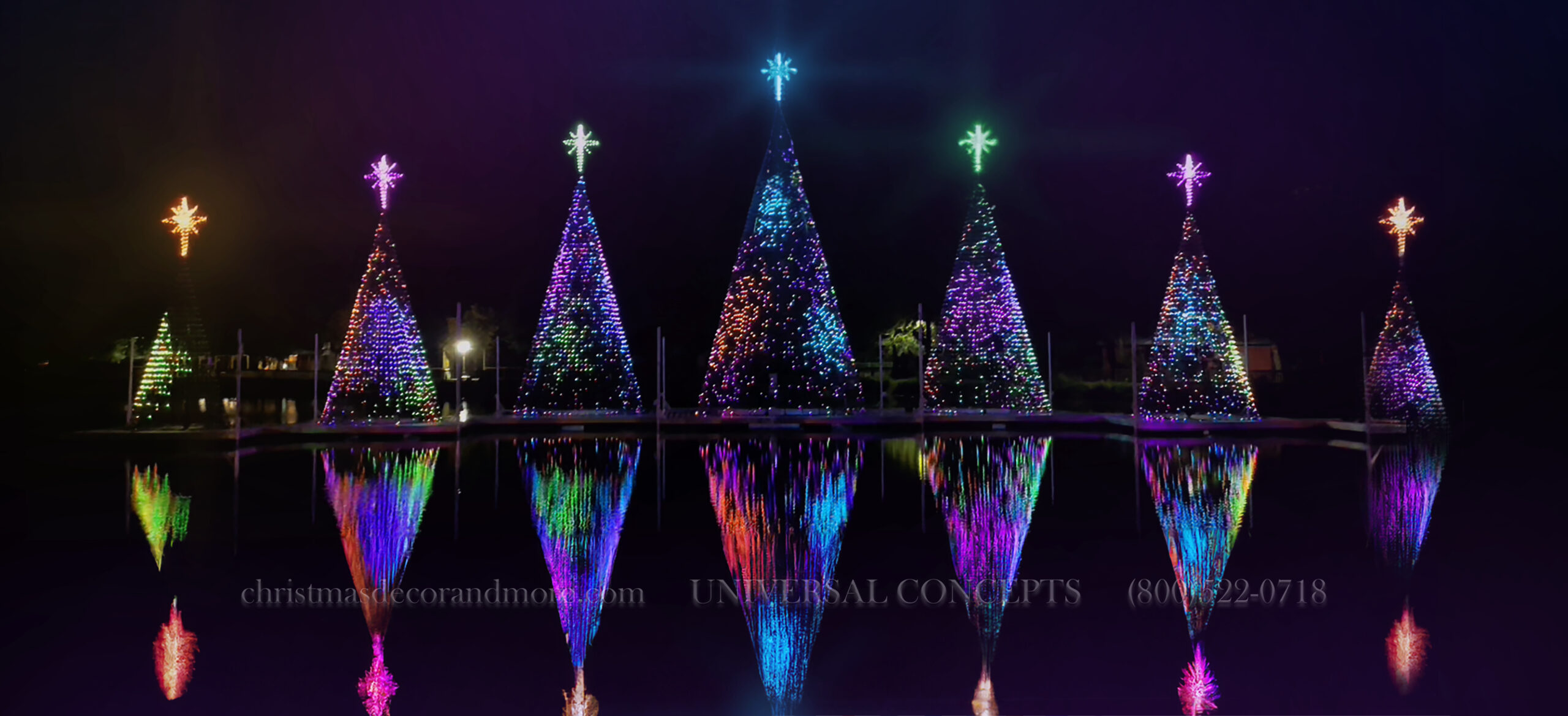 A view of color-changing RGB Christmas Trees built on custom floating docks